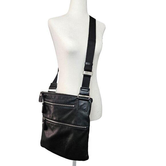 Margot Black Leather Double Zipper Pocket Moto Large Crossbody Bag - Picture 2 of 12